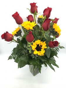 Dozen Roses and 6 Sunflowers
